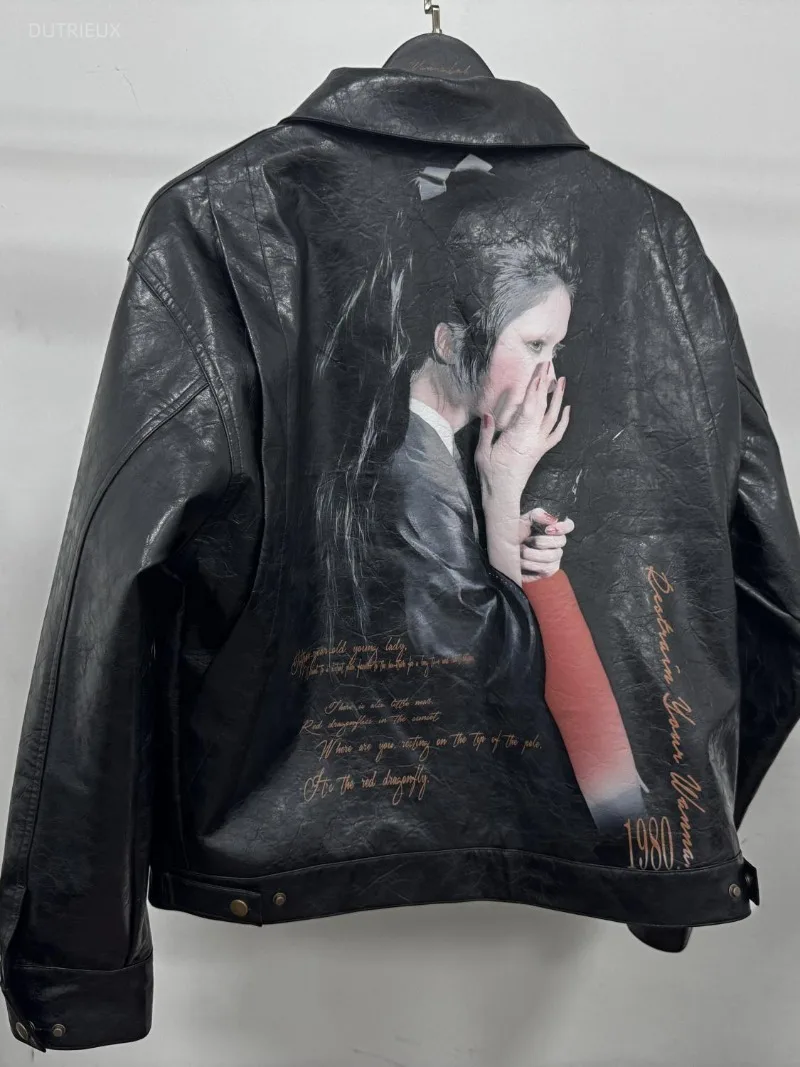 Vintage Euramerican Fashion Pu Length Jackets Y2k Turn Down Collar Zip Up All Match Casual Coats Harajuku Street Punk Clothes
