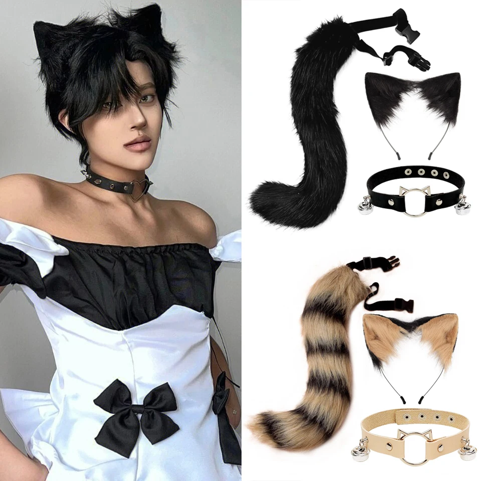 

Hand-Made Simulation Plush Cat Ears Hair Clip Tail with Faux Leather Bell Neck Choker Necklace Lolita ACGN Cosplay Sissy CD Set