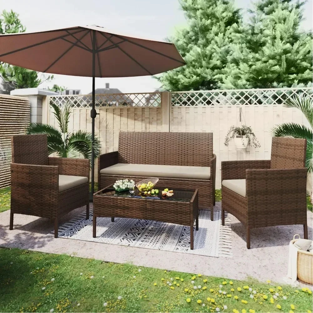 Buiten Sofa Set Van 4 Met Zacht Kussen En Glazen Tafel, Terrasmeubilair 4 Stuks Conversatieset, Outdoor Rieten Rotan Stoelen