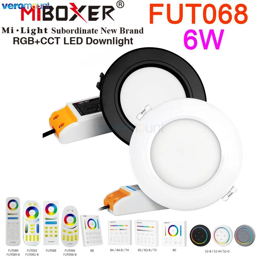 MiBoxer FUT068 FUT068B Black 6W Smart RGB+CCT Downlight AC 110V 220V 2.4G Wireless RF Remote WiFi APP Alexa Google Voice Control