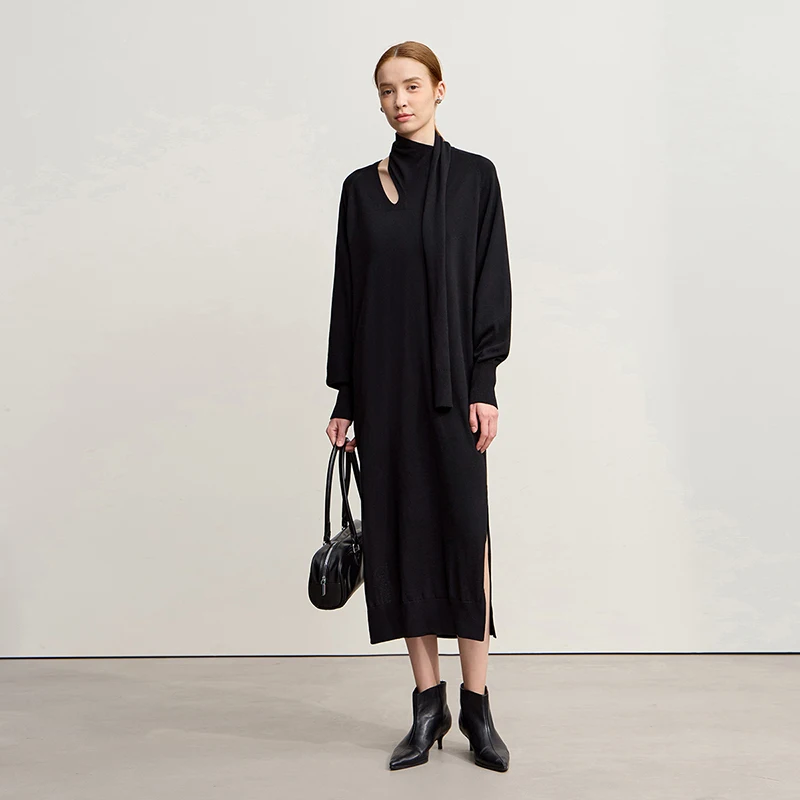 فستان Amii للمرأة 2025 شتاء جديد بلون فضفاض من الصوف المرن فساتين طويلة أنيقة مجوفة ملابس نسائية 12554076