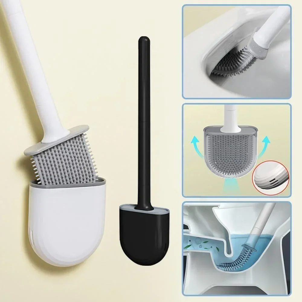 Flexible Silikon-Toilettenbürste mit Halter, auslaufsicher, weiche Toilettenschüssel-Reinigungsbürste, Badezimmer-WC-Reinigungsbürste zur Wandmontage