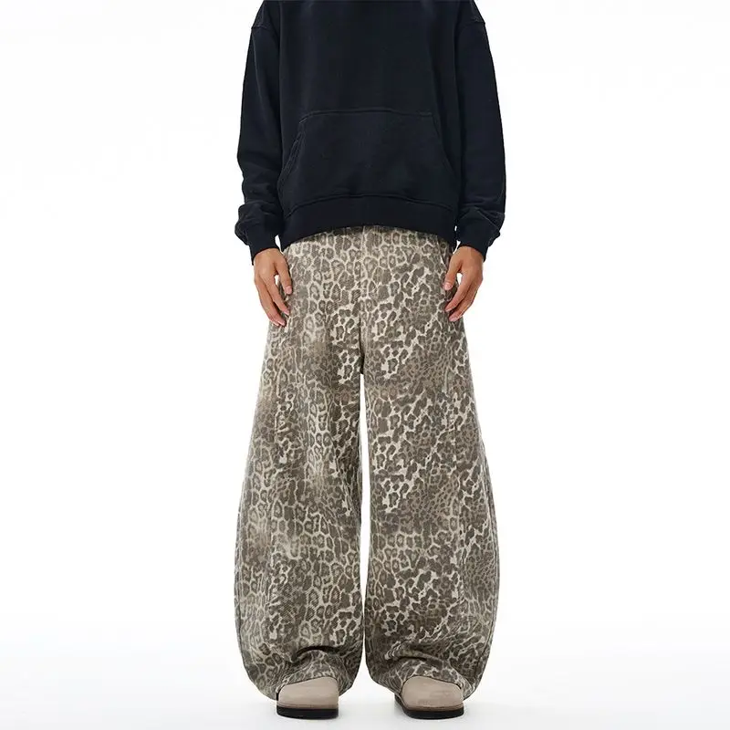 Americano retro vintage leopardo impressão faca curvada calças para homens e mulheres high-end solto silhueta até o chão unisex jeans