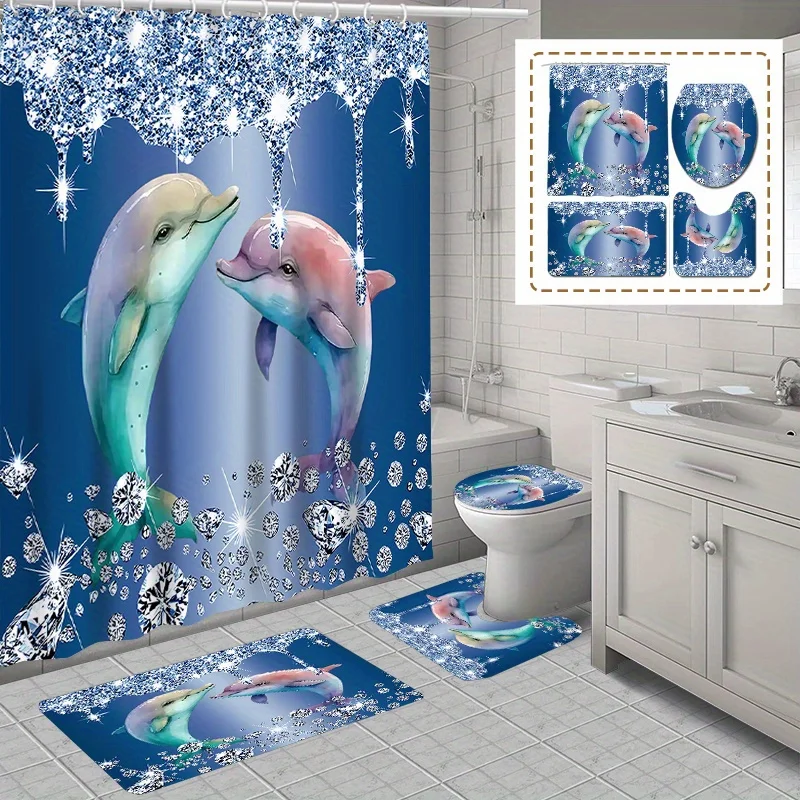 [Open] 1pc/3pcs/4pcs Diamond Dolphin Digital Printing Polyester Waterproof Shower No Punching Partition Bathroom Curtain