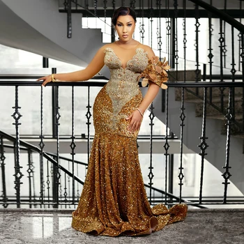 Eleganz Afrikanisches Gold Geburtstagskleid Glitzernde Pailletten Perlen Spitze Ballkleider Plus Size Schwarze Frauen Hochzeit Partykleid Custom