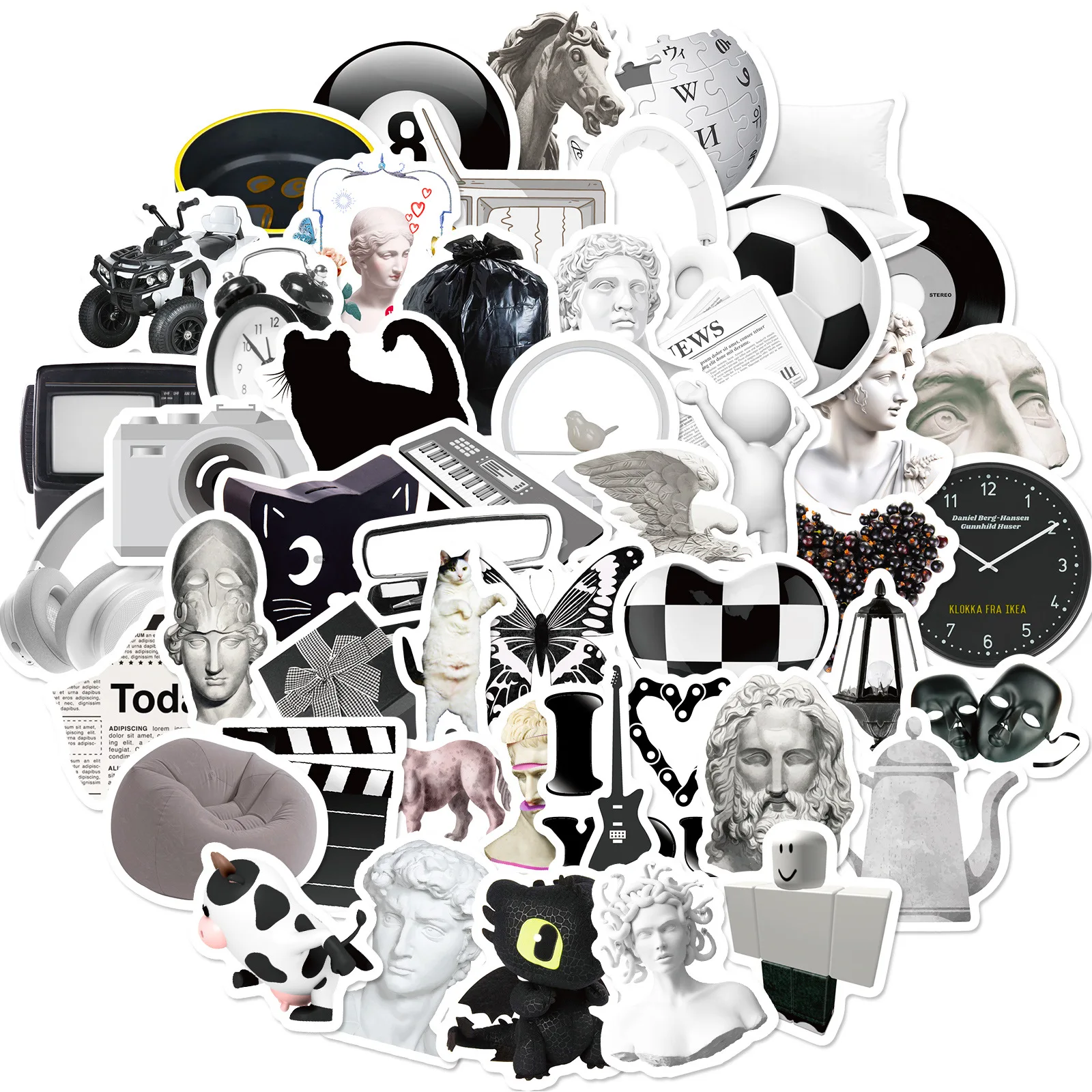 50PCS Realistic Black and White Sundry Stickers Realistic Small Object Black and White Series Niche High-value Stickers