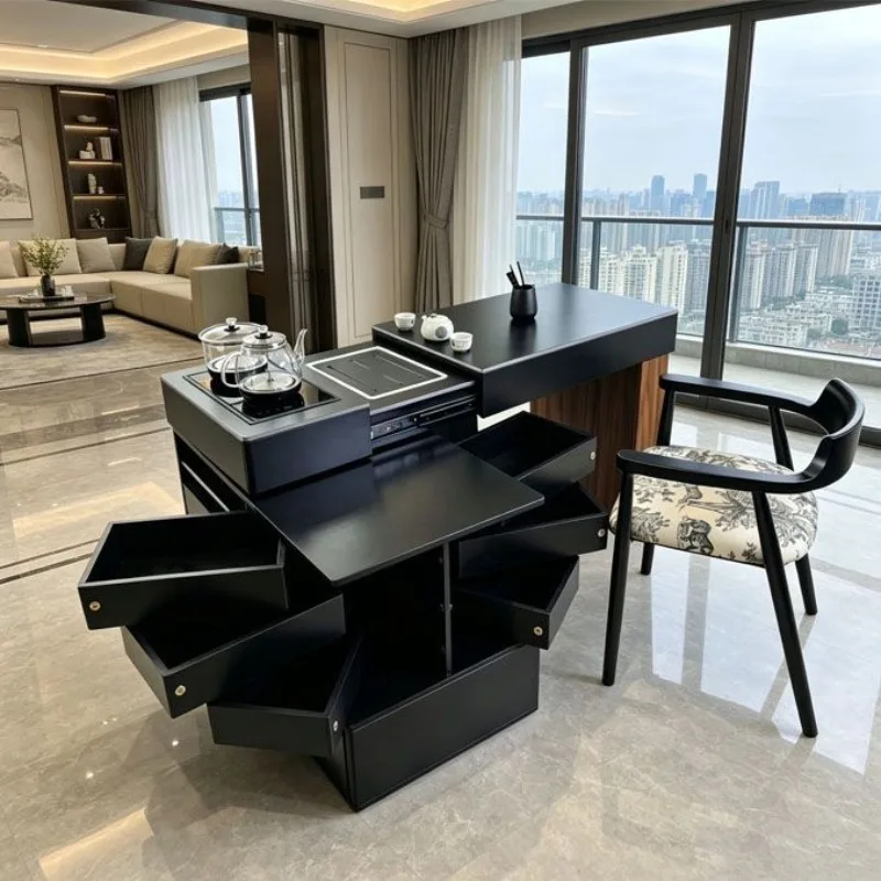 Ebony movable retractable rotating tea table, simple modern balcony with kettle integrated household rock slab tea table