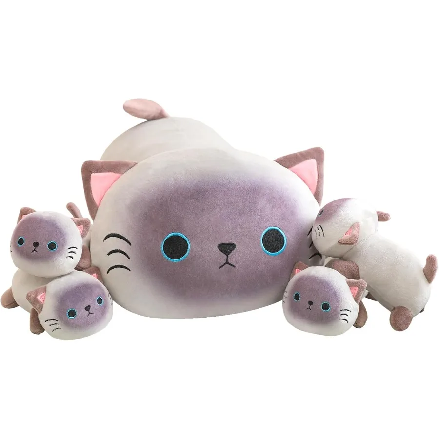 Siamese Cat Plush Stuffed Animal Pillow with 4 Baby Plushies in Tummy Soft Cotton Toy for Cute Gift