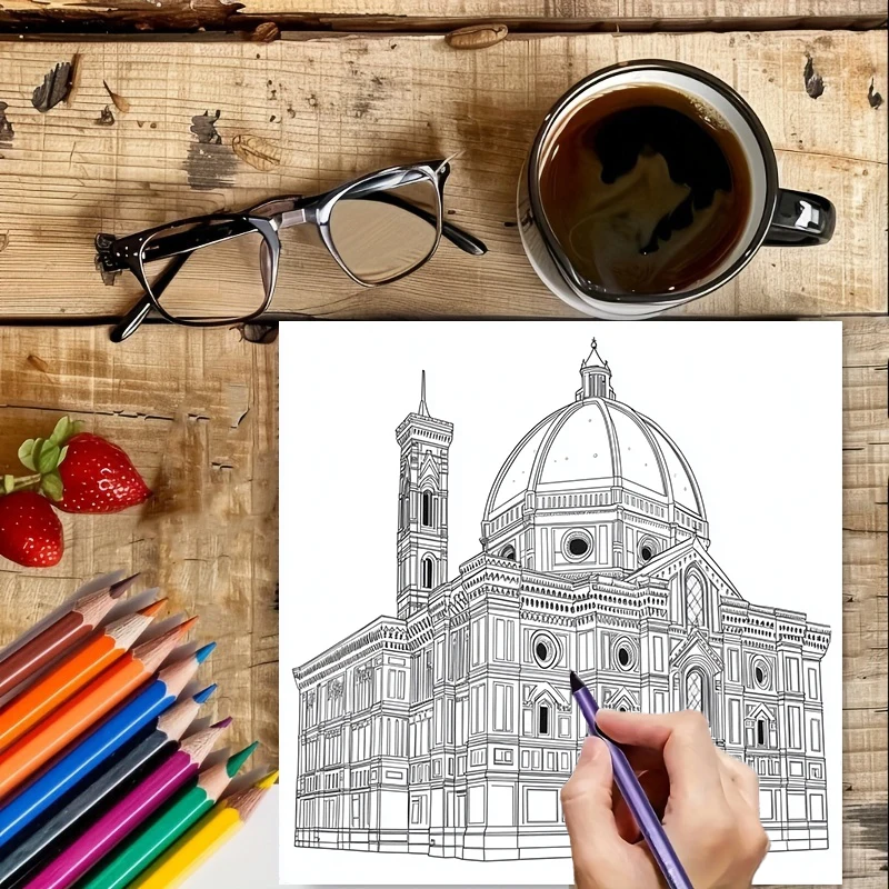 Libro para colorear de arquitectura mundial para adultos |   Libro para colorear de 28 páginas, material de dibujo para Navidad, Acción de Gracias