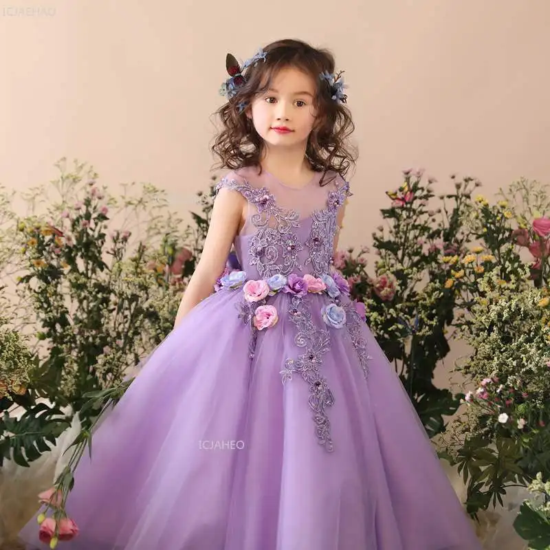Purple Performance Kids Gown Girls Princess Puffy Dress Piano RecitalCelebration Evening Costume Children Birthday Party Formal