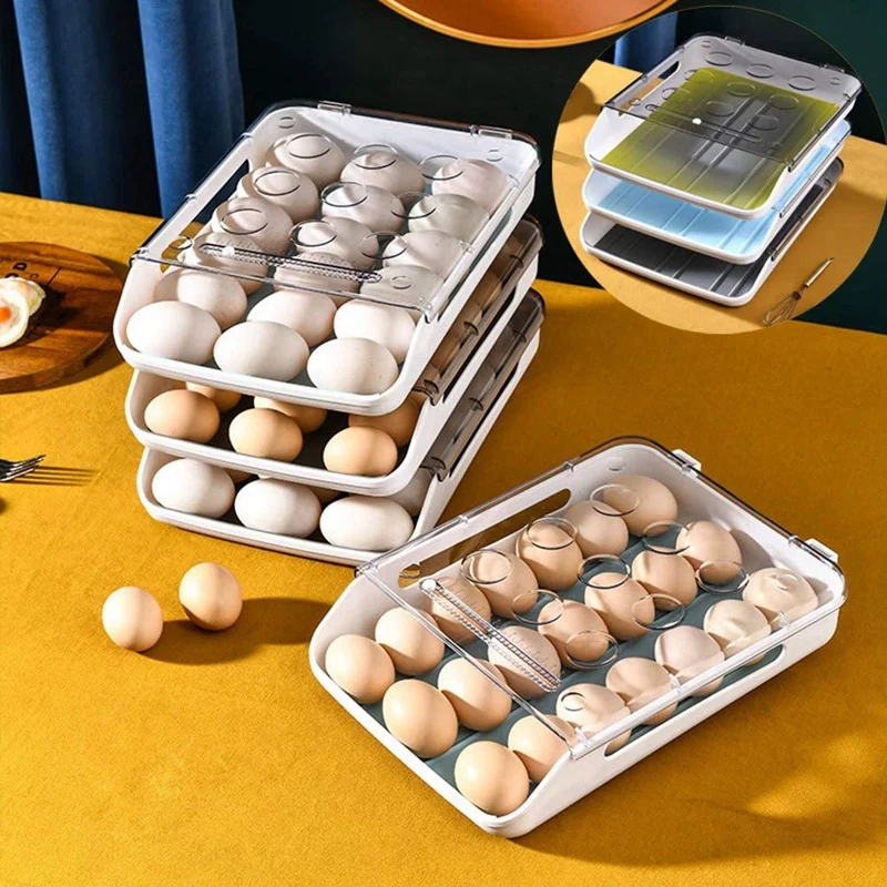 21 Grid Egg Holder For Refrigerator,Auto Scrolling Egg Storage Box,Egg Storage Container For Fridge Kitchen,2 Pcs