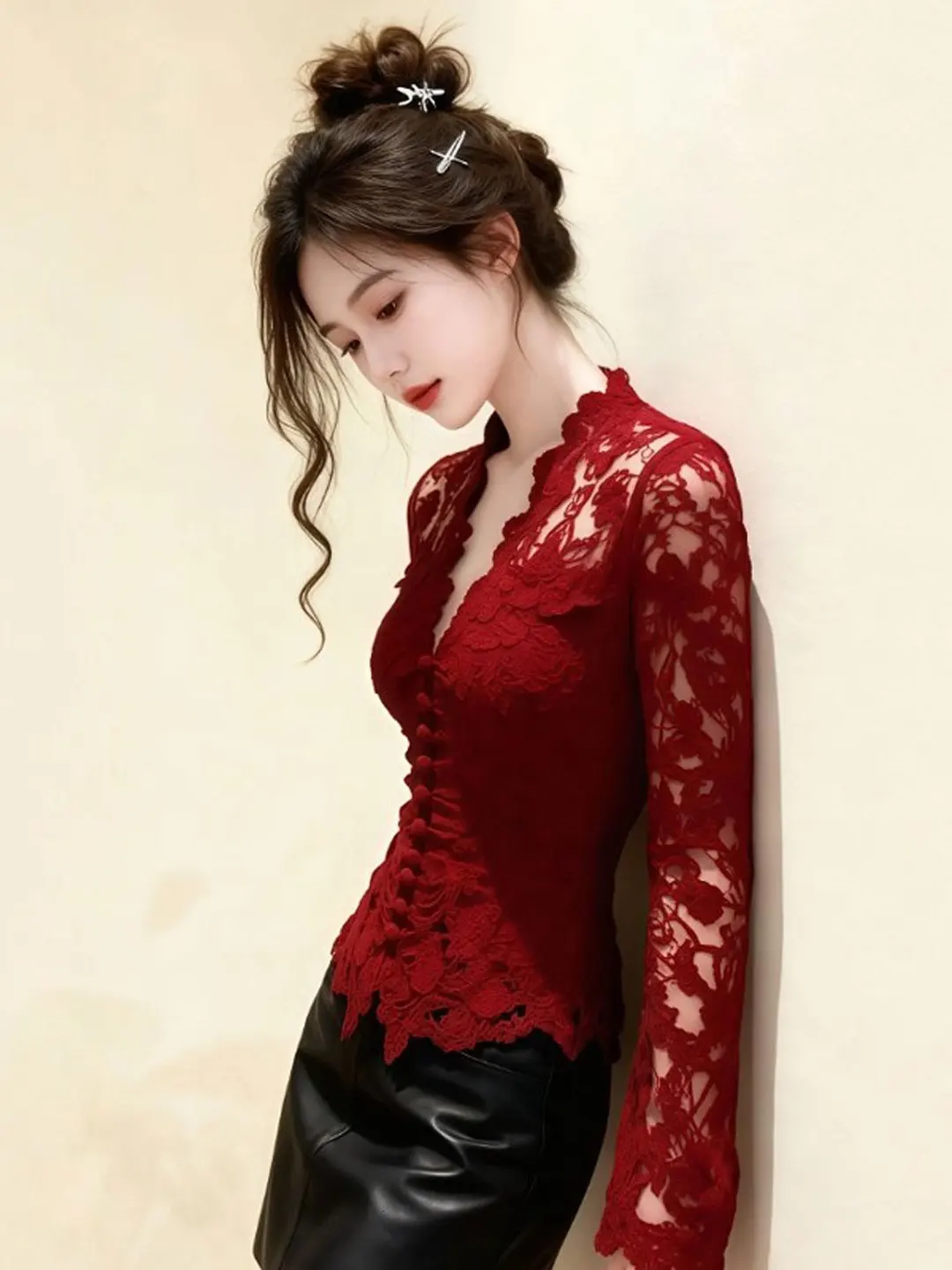 

Sexy V-ne Lace irt Slimming Beautiful Red Top for Girls Spring 2026 Faion Trend Ladylike Sle Long Sve Floral Embro...