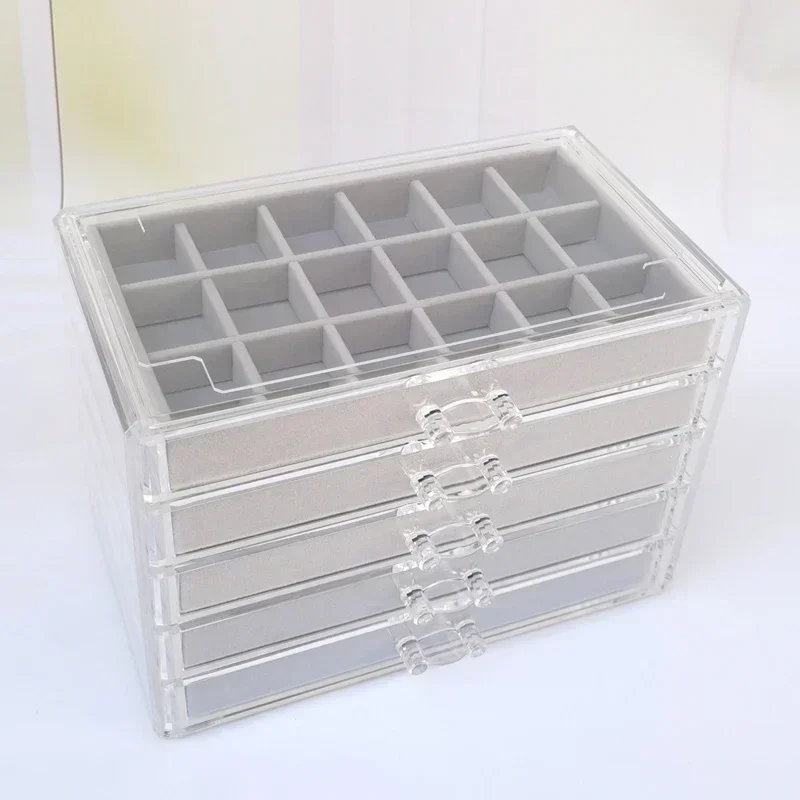 1pcs Acrylic Five Layer Drawer Storage Box Transparent Multi Grid Earring Jewelry Box Household Lined Velvet Jewelry Box