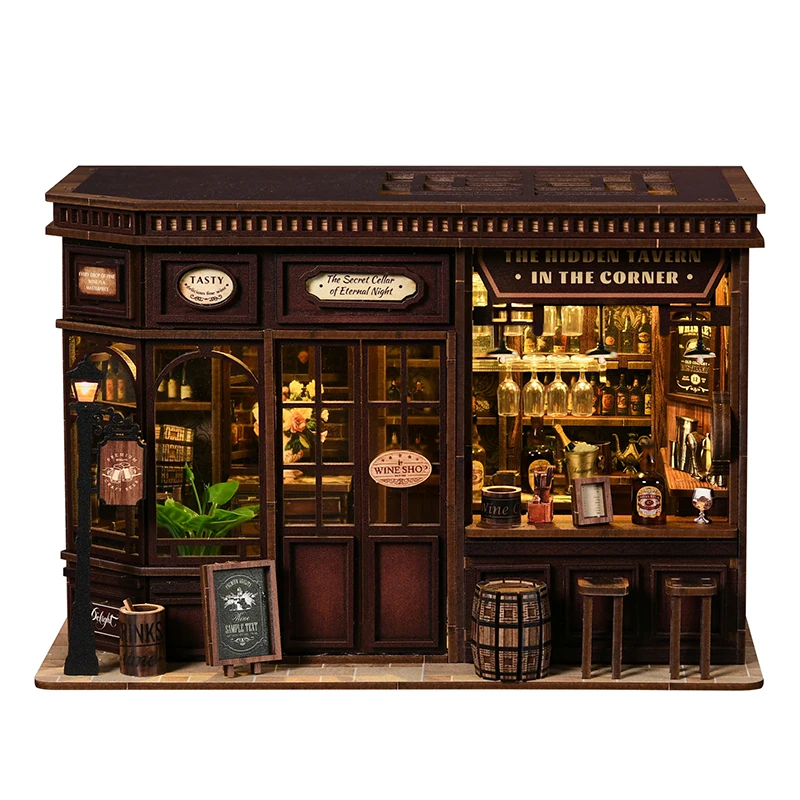Casa de taberna de esquina DIY, Kit de modelo en miniatura de madera, rompecabezas 3D con muebles ligeros, casas de muñecas, cabaña para amigos, regalos de cumpleaños