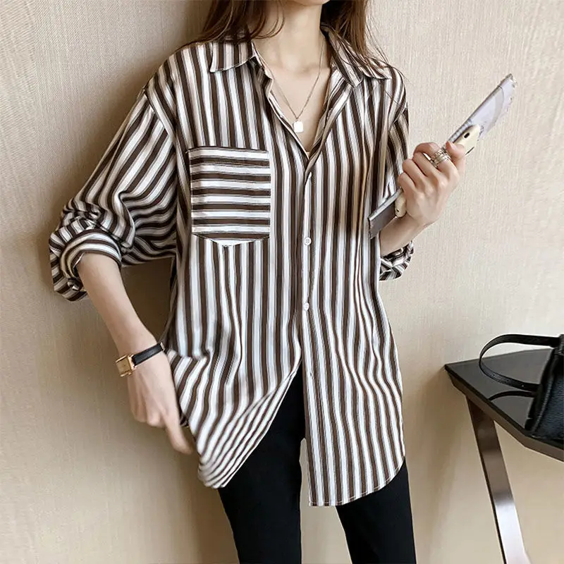 

Striped Print Casual Shirt Female Long Sleeve 2022 Korean Fashion Turn-down Collar Loose Button Blouse Women's Clothing Spring