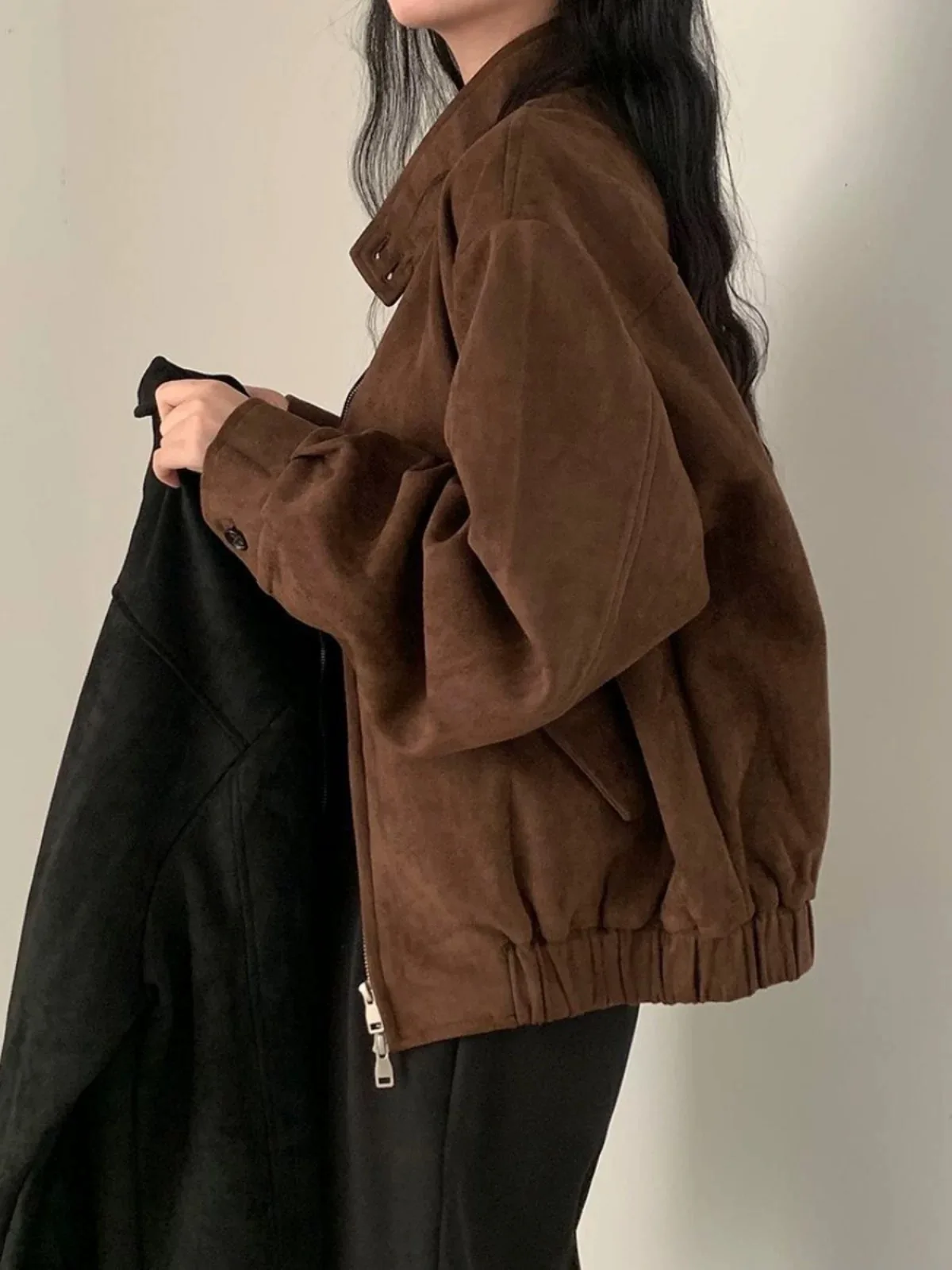 

Retro Brown ort Jaet Women's Autumn Winter College Sle Top Korean Chic Loose Fit Jaet American Sle Zipper Closure