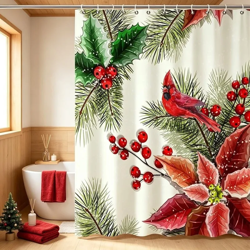 Artificial Holly Berry Poinsettia Christmas Shower Curtain No Drilling Bathroom Decor 12 Hooks Included Festive Holiday