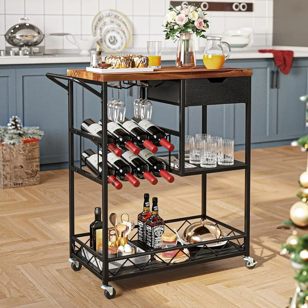 Kitchen and bar cart with wooden tabletop, equipped with glass brackets and drawers, household bar cart, kitchen cart