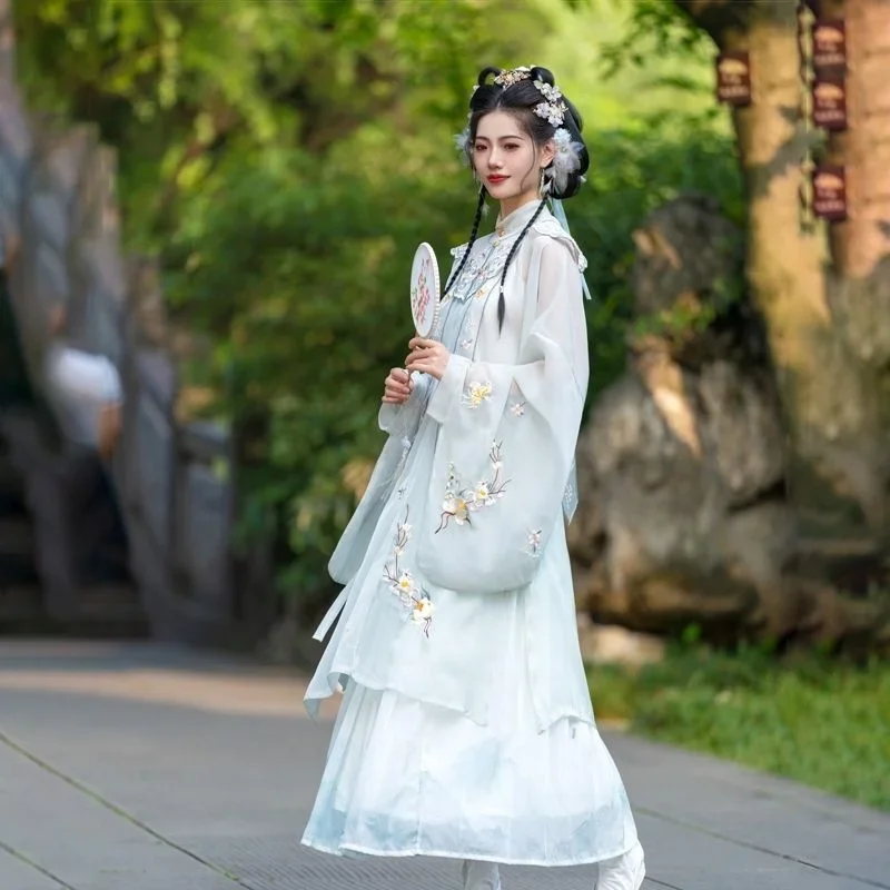 Hanfu Female Chinese Style Ming Dynasty Cloud Shoulder Stand Collar Long Shirt Pleated Dress Ancient Costume Fairy Elegant Suit