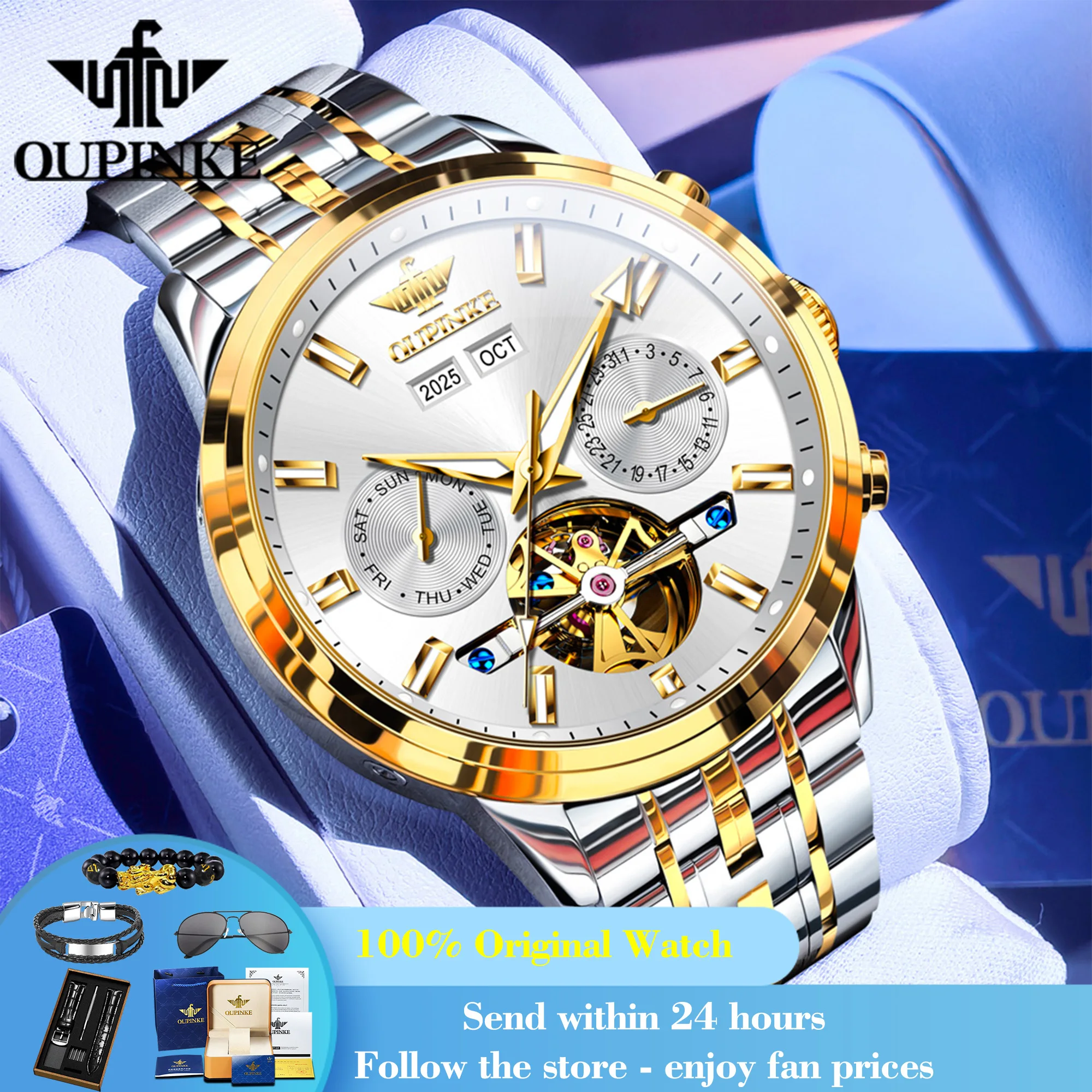 

OUPINKE 3296 Automatic Men Watch Fashion Waterproof Hollow Mechanical Watch For Men Steel Strap Auto Date Man Dress Wristwatch