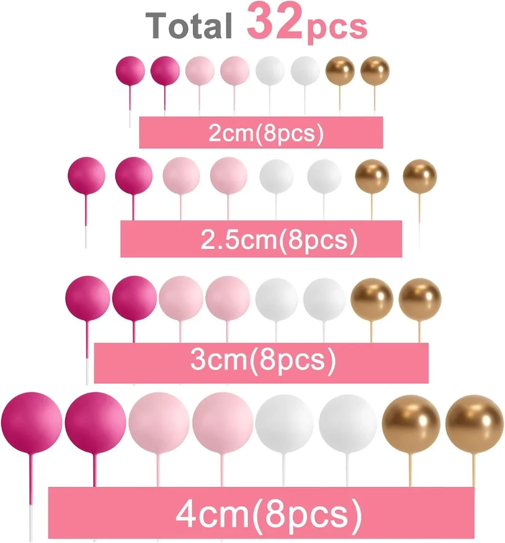 32 Pcs Ball Cake Topper Decorations - Mini Balloons Cake Picks Foam Balls Cake Topper Sticks for Wedding Party Birthday Cake Decorating (Pink Gold) view 2