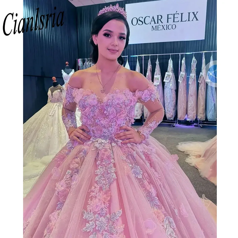 

Pink Quinceanera Dresses Off The Shoulder Glitter Tulle Appliques Ball Gown Pageant Birthday Party Gown Sweet Robes De Bal