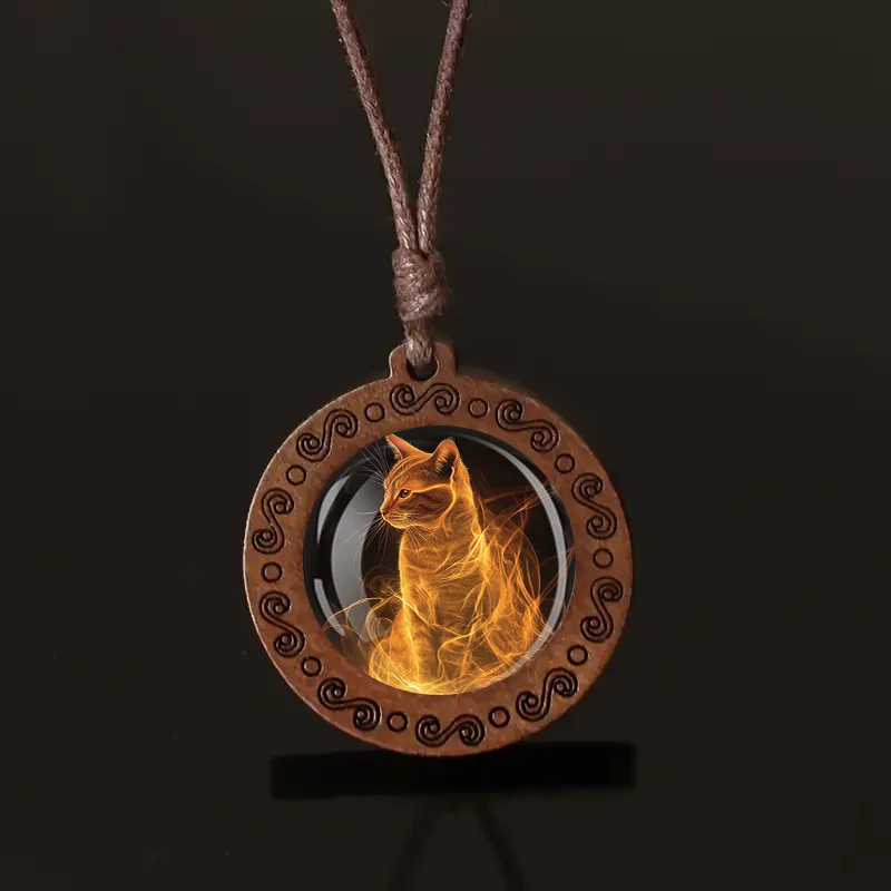 Vintage Boho Sweater Chain Fire Cat Leather Chain Clothing Pendant Long Handmade Wooden Necklace for Women Men Animal Jewelry
