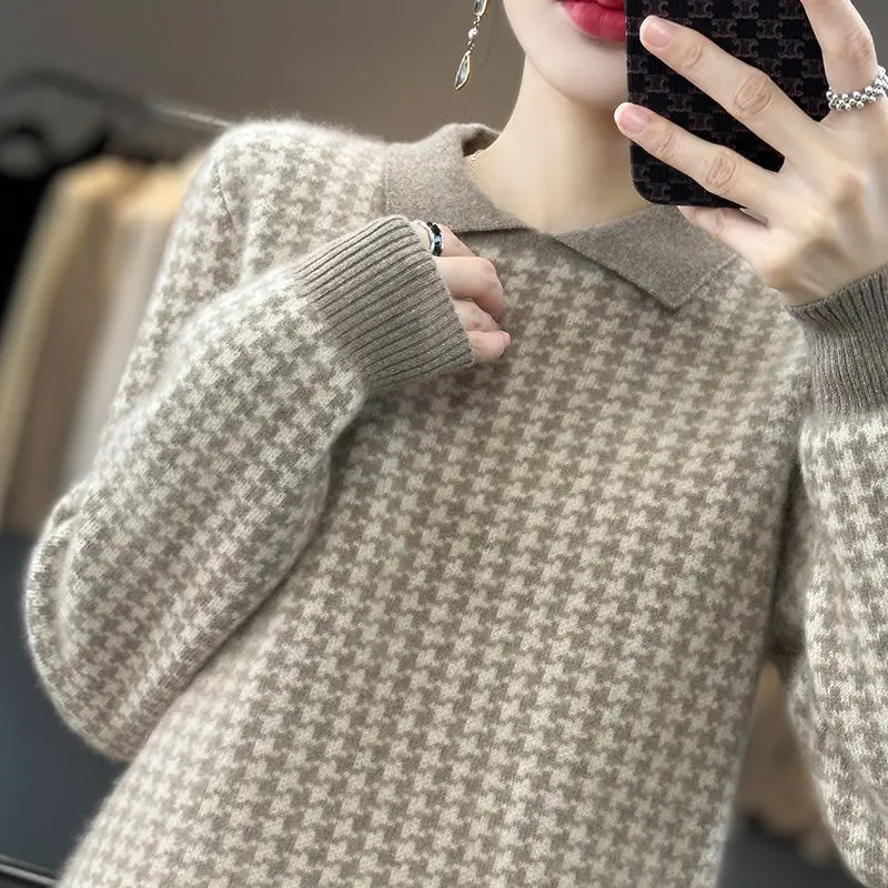 Women\'s Clothing Houndstooth Knitted Jumpers Casual Turn-down Collar Spliced 2023 Autumn Winter All-match Korean Loose Sweaters