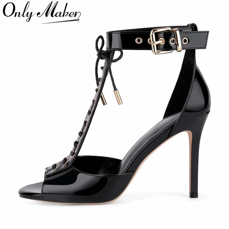 Женские босоножки Onlymaker с открытым носком, Т-образным ремешком, шнуровкой и пряжкой, из лакированной кожи, на тонком каблуке, для вечеринок и свадеб