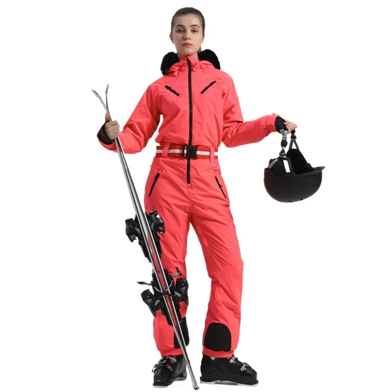 Neuer einfarbiger, warmer, wind- und wasserdichter, einteiliger Outdoor-Skianzug für Damen