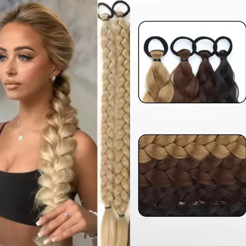 

Synthetic Long Braided Ponytail With Rubber Band Boxing Braids For Women Hair Accessories 24Inch Black Braids Daily Use