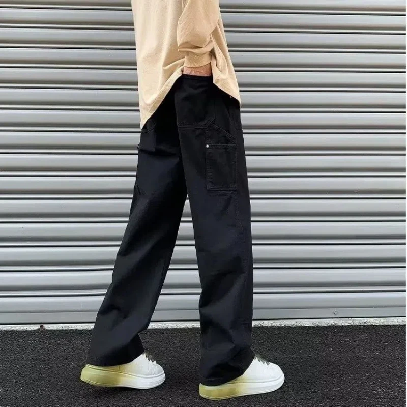 Spring Autumn New Solid Color Fashion Elastic Waist Cargo Pants Man High Street Casual Pure Cotton Pockets Patchwork Trousers