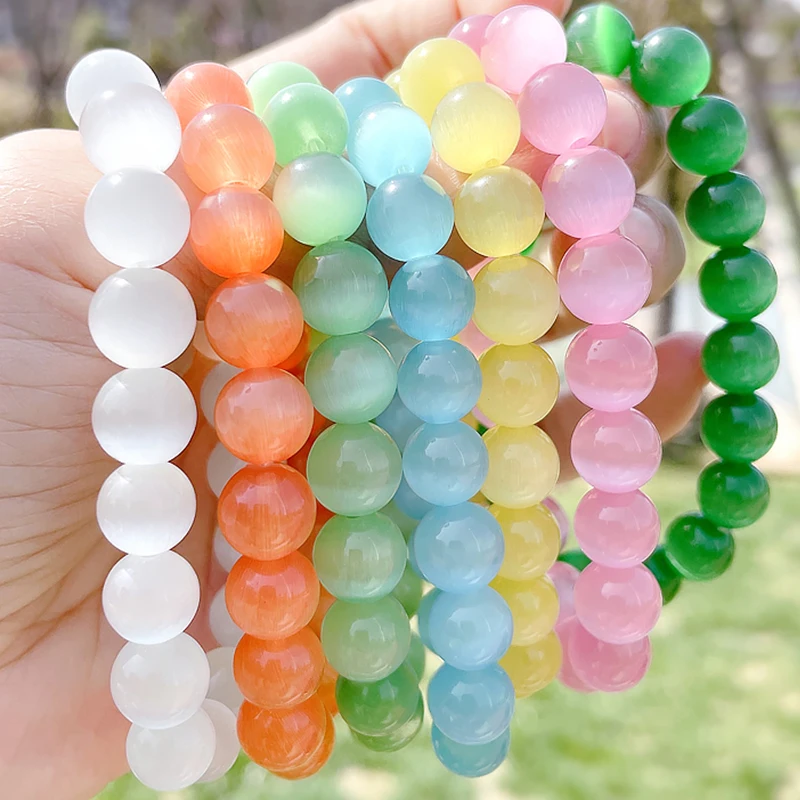 Natural Cat Eye Stone Bracelet Charm Women Opal Beaded Bracelets Multicolor Stretch Bangles Men Yoga Wrist Jewelry Friends Gifts