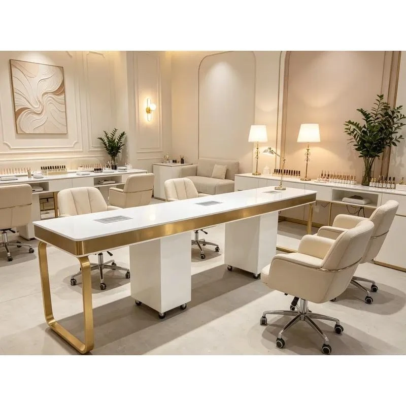 Modern Large Manicure Table with Marble Surface Stainless Steel Metal Frame High Performance Salon Furniture for Nail Station