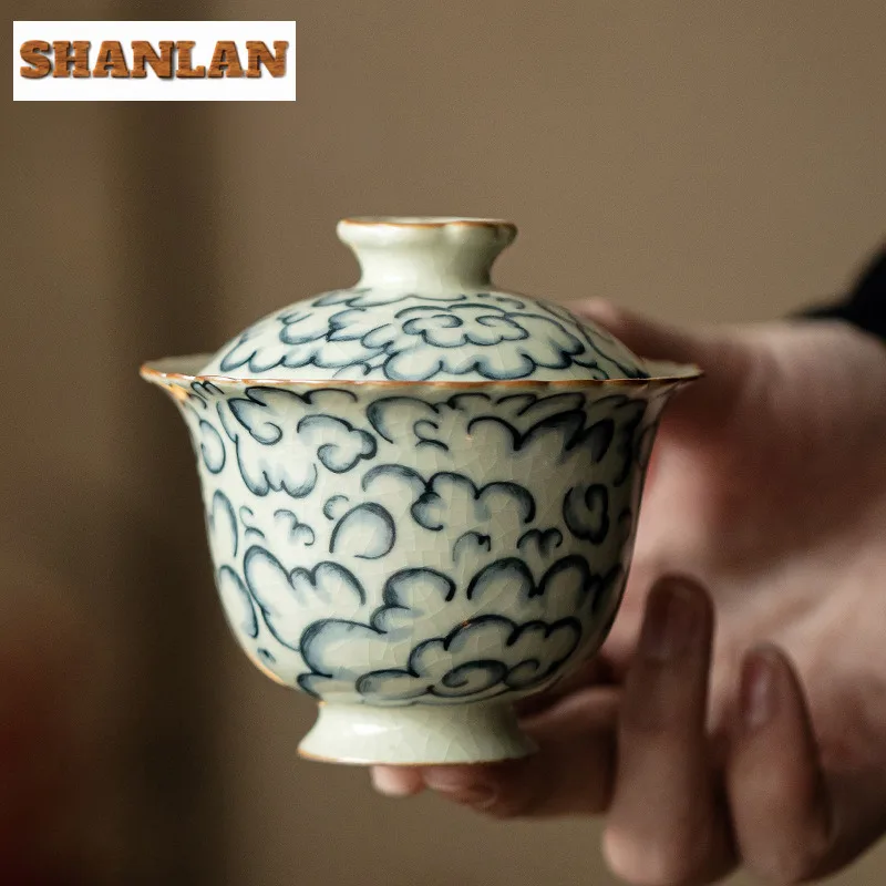 Ru Kiln Lace Ercai Cover Bowl Zen Auspicious Cloud Fair Cup Ceramic Anti-scald Gaiwan Creative Justice Cup Tea Brewing Teaware