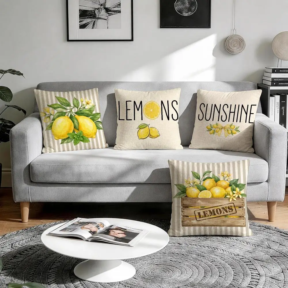 Summer Lemon Pattern Cushion Cover Natural Breathable Durable Linen Printed Decor Pillow Case Sofa Bedroom