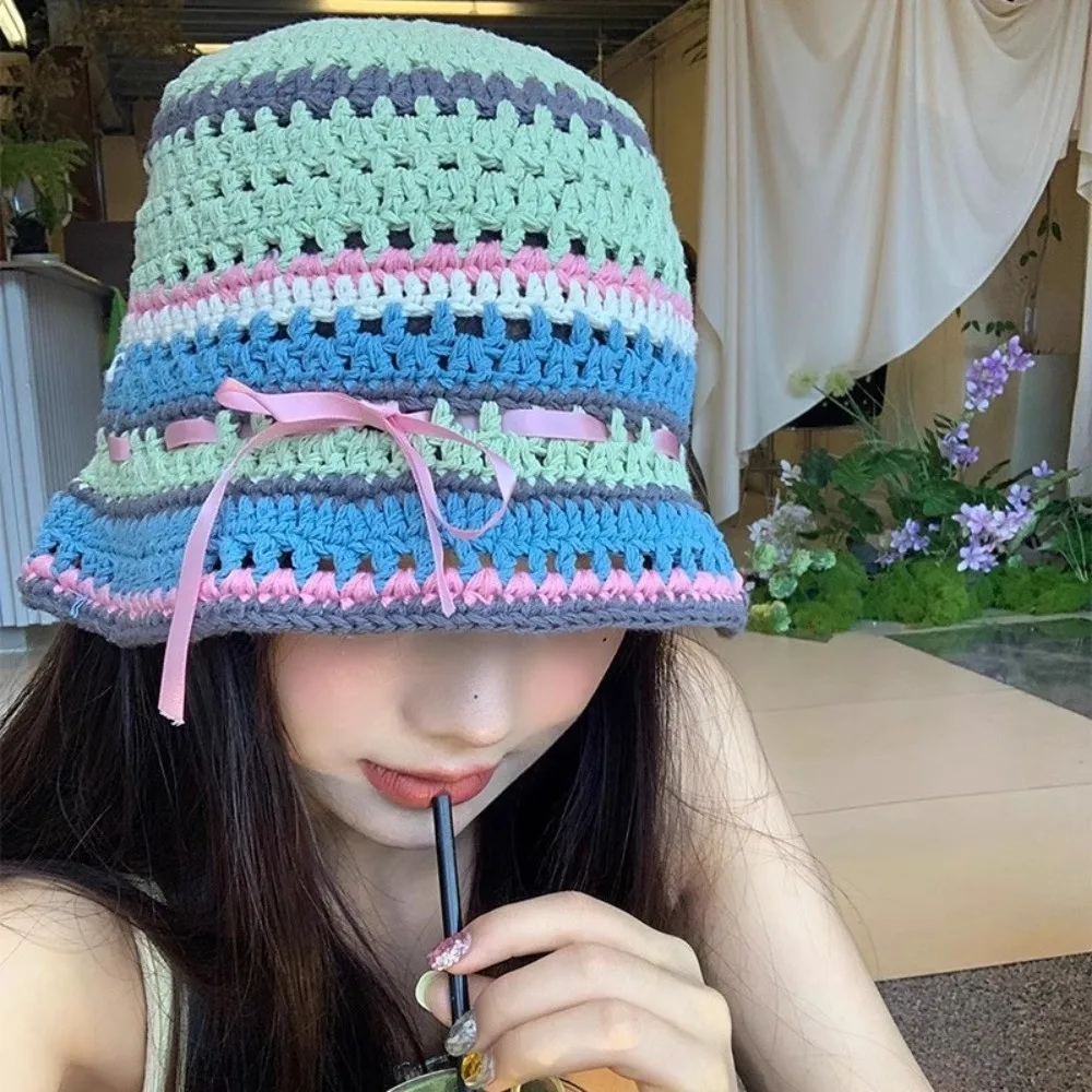 

Ins Handmade Knitted Bucket Hats Y2k Spring Summer Hollow Basin Cap Bow Ribbon Sweet Weave Hats Travel