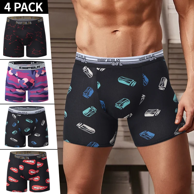 4-pcs Pen's Fun Printed Long Boyshort Multi-size Casual Sports Shorts Teenagers Underwear Joker Beach Pants Breathable Elasticit