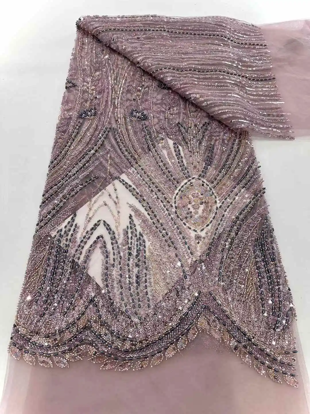 

African Beaded Lace Tulle Fabric, Heavy Handmade, Swiss, Sequin Fabric, Nigerian Wedding, Prom Dress, Sew, High Quality, 2025
