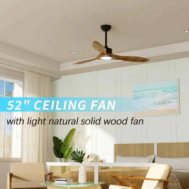 Qwceiling remote 52inch dark brown solid wood fan timing 6speeds silent DC motor 3cct LED light with memory LightIn