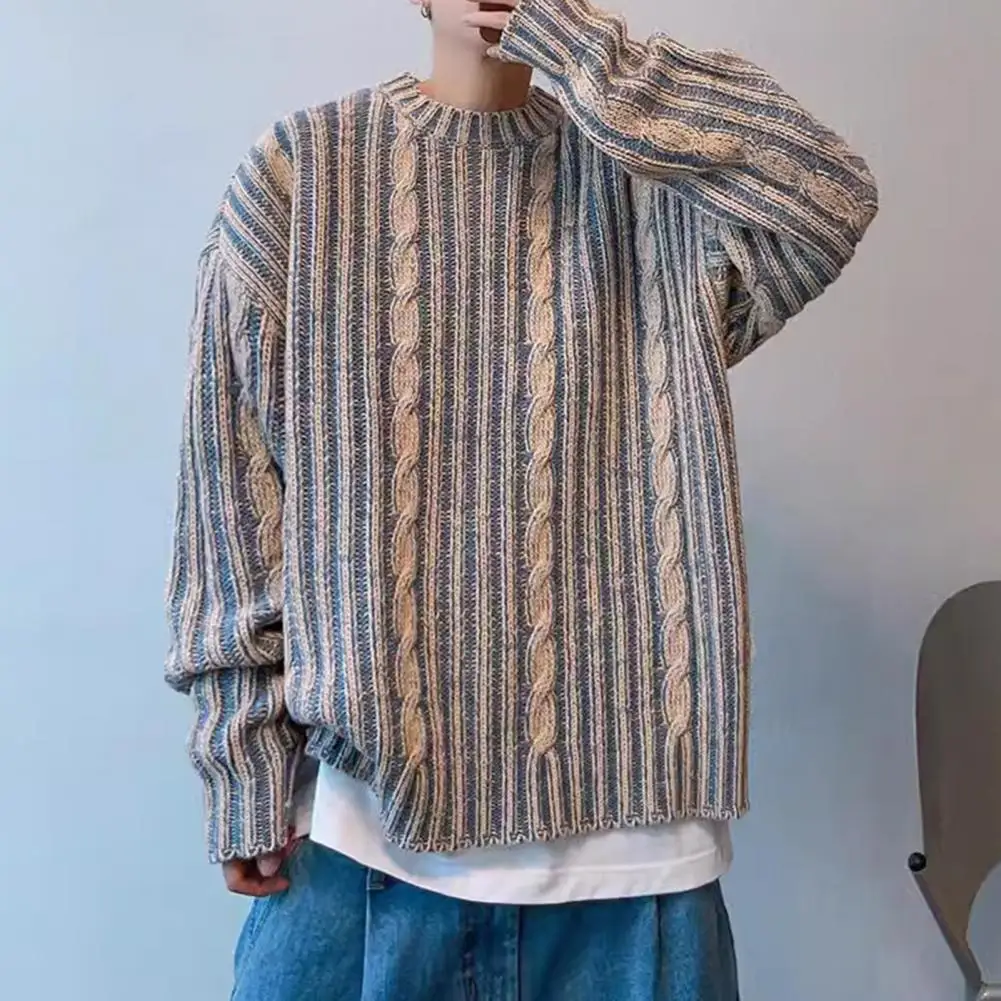 Men Sweater Striped Knitting Twisted Texture Loose Thick Long Sleeves O Neck Pullover Keep Warm Autumn Winter Loose Sweater