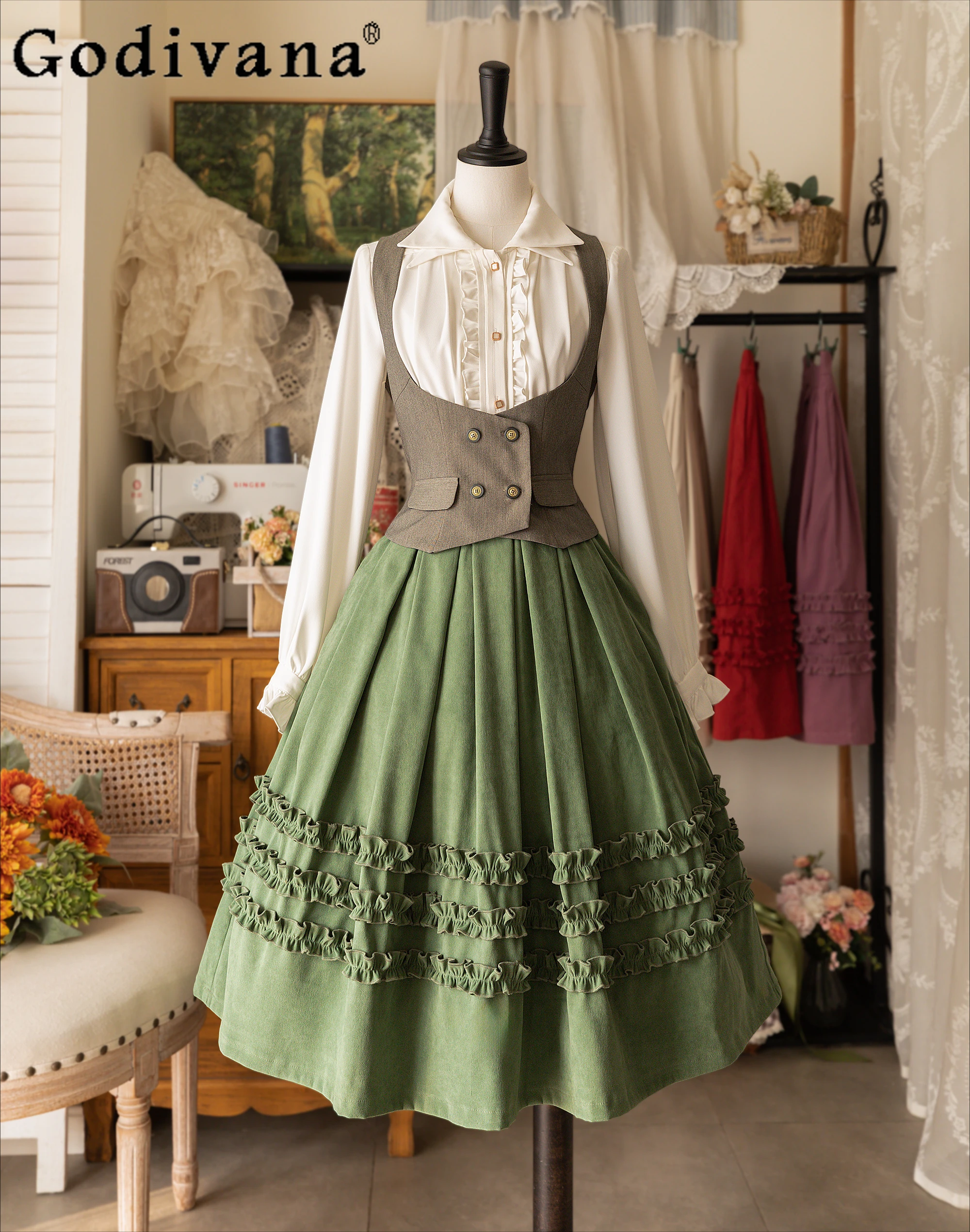 

Original Japanese Preppy Style Elegance Retro Skirt Women's High Waist Lolita Green Mid-Length A-Line Skirts Spring and Autumn