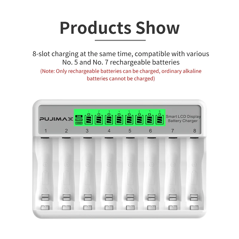 PUJIMAX 8-gniazdowa ładowarka z wyświetlaczem LCD inteligentna inteligentna do AA/AAA NiCd akumulatory NiMh aa aaa AAA ładowarka