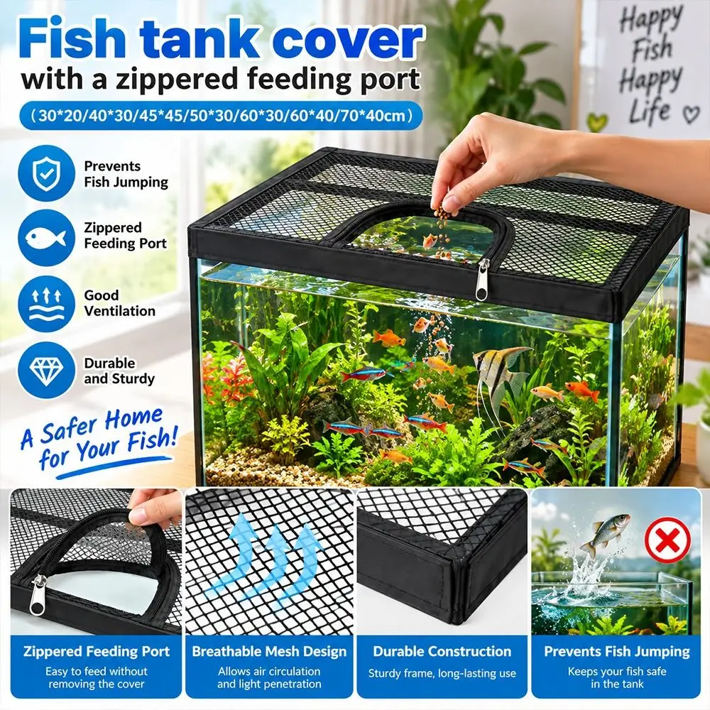 Black Aquarium Mesh Cover Zippered Feeding Opening Fine Mesh Fish Tank Lid Cover Anti-Jump Aquarium Anti-jump Net