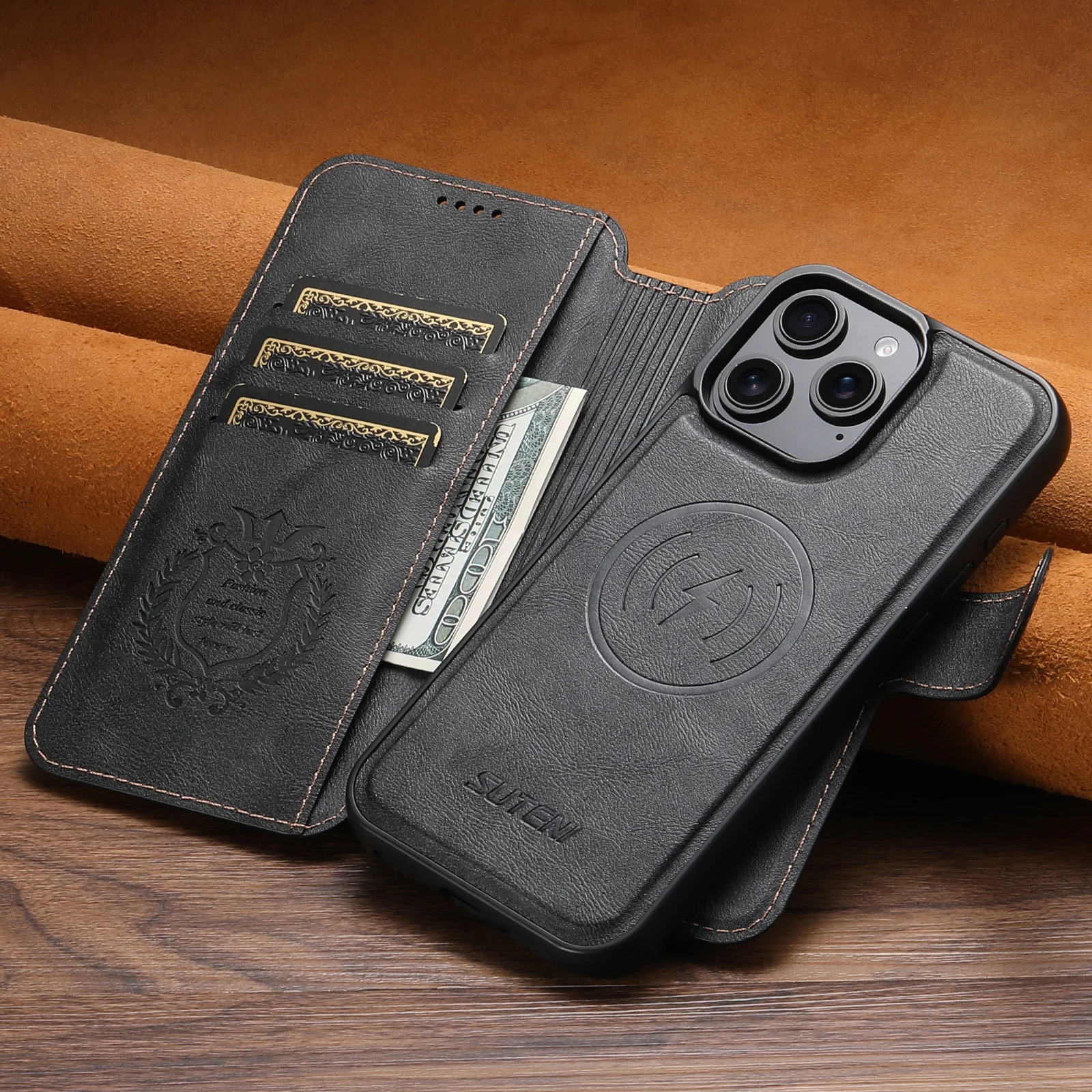 PU-leer Draadloos opladen Kaarthouder Stand Portemonnee Magnetische flip-cover Telefoonhoesje voor iPhone 17 Pro Max 16 Plus 15 14 13 12