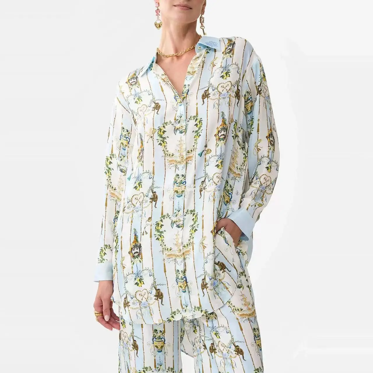 Faionable Set con colletto lungo stampato e pantaloni a gamba larga Abbigliamento estivo da donna Vestibilità ampia Ele Sle