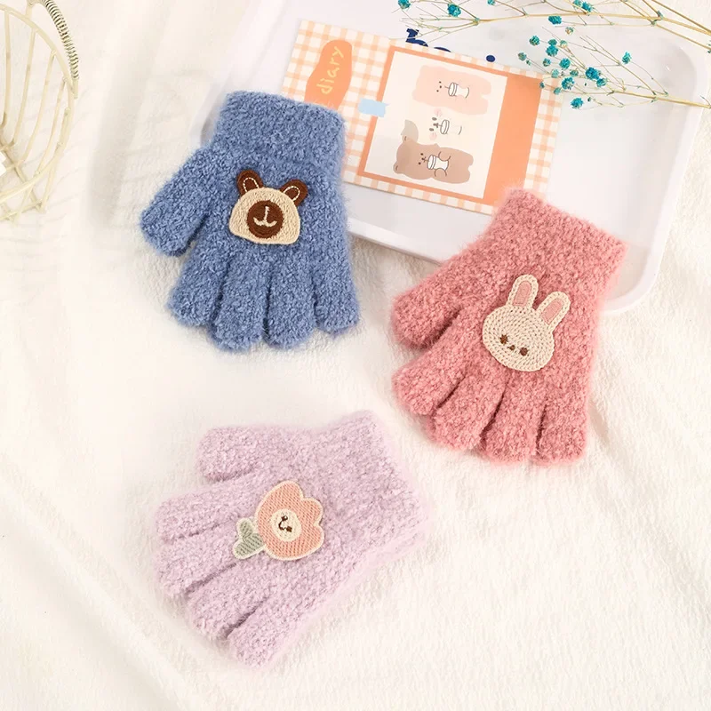 Thick Velvet Children Gloves Cold Resistant Warm Kids Split Finger Gloves Cute Cartoon Bear Glove Winter Baby Mittens 1-3year