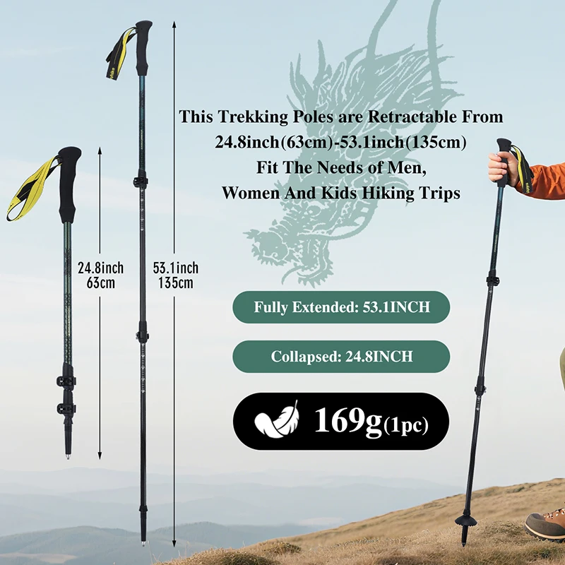 3K Carbon Fiber Hiking Stick, Three-Section Telescopic Trekking Pole, 3D Chinese Dragon Relief, Carbon Fiber Nordic Walking Stick