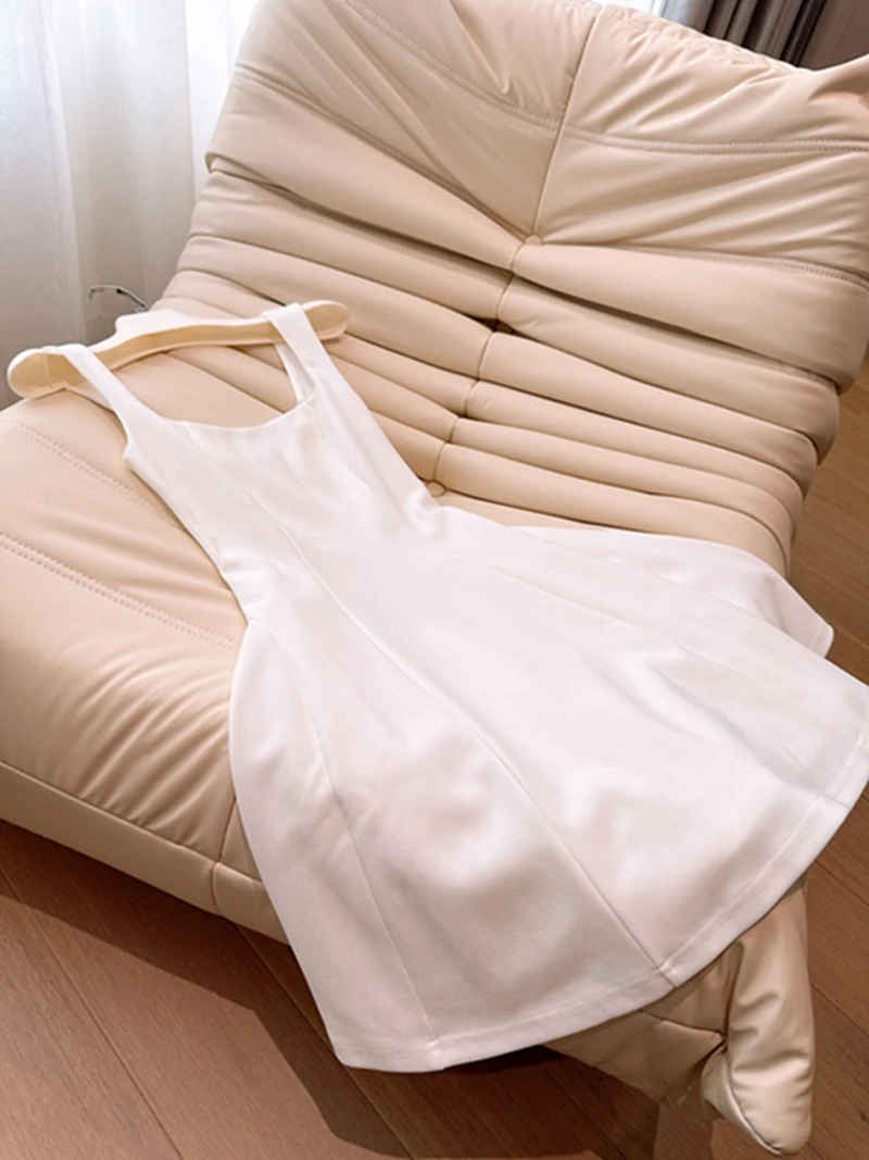 

Ele White ort Wedding Dr Hepburn Sle Square Collar Belted Strapl Dr for Engagement And Ceremony