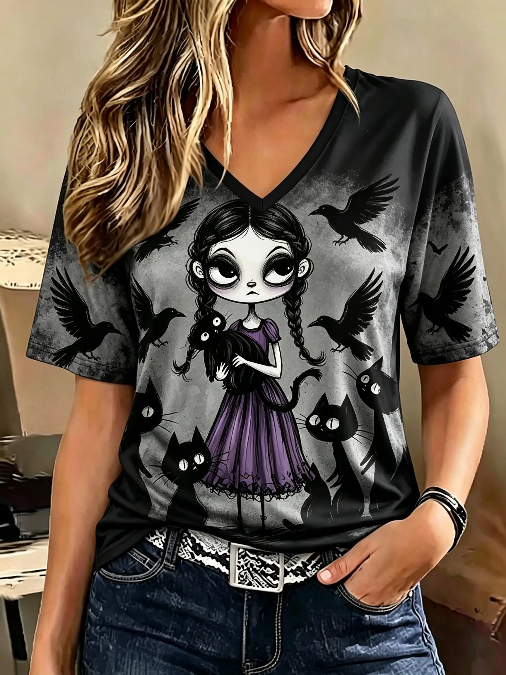 Women V‑Neck Short Sleeve T‑Shirt Gothic Cartoon Girl Graphic Tee Dark Style Black Cat Crow Owl Halloween Casual Ladies Top